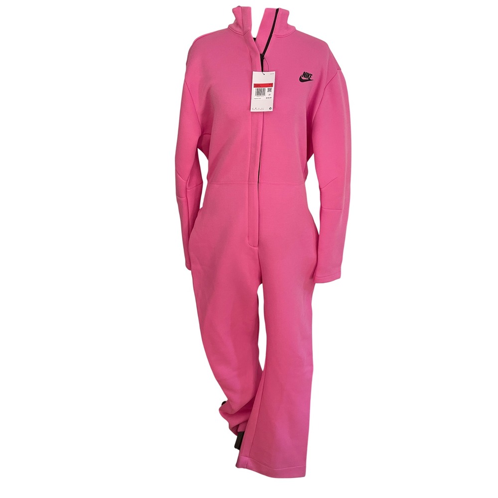 Nike Jumpsuit Womens L Pink Cotton Blend Tech Fleece Flare Zip Front HV4095-675